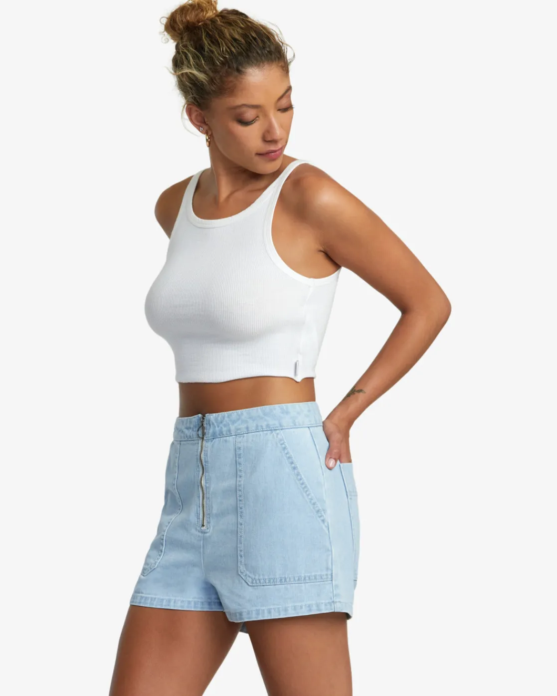 RVCA GOLDIE DENIM SHORTS Light Vintage Wash Clearance